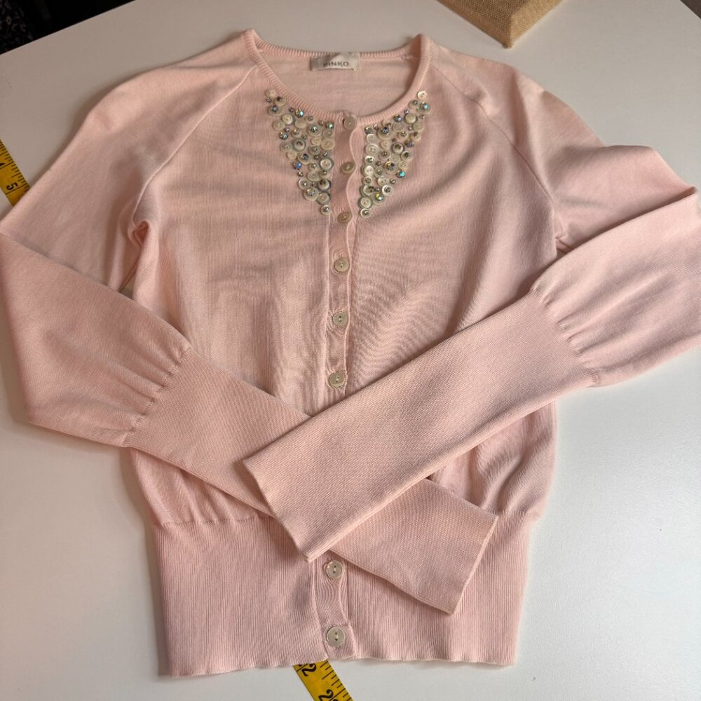 Pinko Sweater Women XS Light Pink Button Front Cardigan Embellished Pearl Button